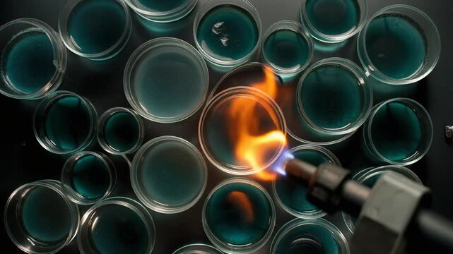 A flame is applied to a glass container surrounded by multiple similar containers in a dark environment