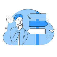 A businessman standing in front of a directional signpost with many arrows pointing in different ways. Sign directions post. Man contemplating life choices and path. Web colors. Flat illustration