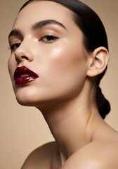 Close up profile portrait of a woman's face with glossy dark red lipstick and flawless skin