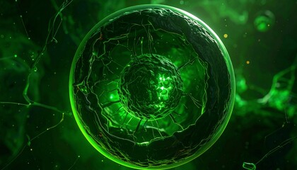 Obraz premium Glowing Green Futuristic Cell Structure with Biology Concept, and Abstract 3D Render.