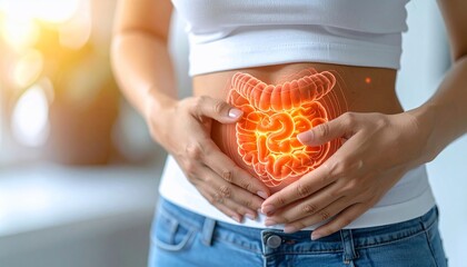 Glowing illustration of human intestines over a womans abdomen with healthy body.