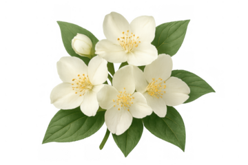 Jasmine floral branch blooming with white flowers and green leaves, delicate spring botany, transparent background