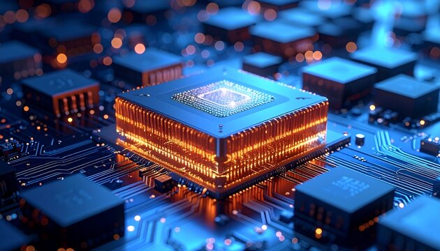 Glowing Futuristic CPU Digital Circuit Board with Technology Concept, and Processors close up.