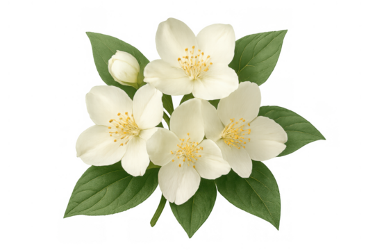 Jasmine floral branch blooming with white flowers and green leaves, delicate spring botany, transparent background