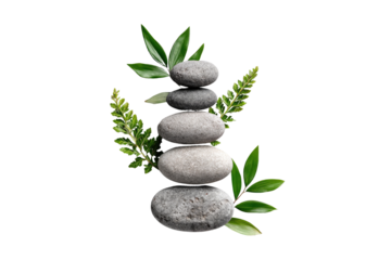 Stacked stones, surrounded by greenery, balanced