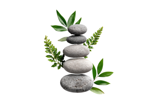 Stacked stones, surrounded by greenery, balanced