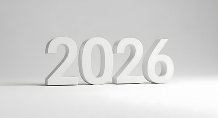 Minimalist white 2026 typography, clean design, soft shadow, modern studio lighting, 3D render