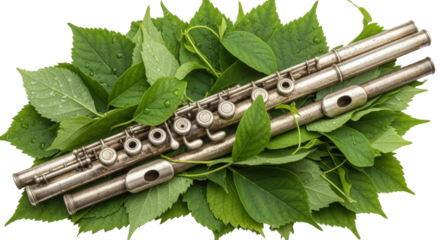 Silver Flute Resting on Vibrant Green Leaves with Water Droplets Outdoors Isolated On Transparent Background