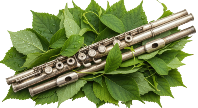 Silver Flute Resting on Vibrant Green Leaves with Water Droplets Outdoors Isolated On Transparent Background