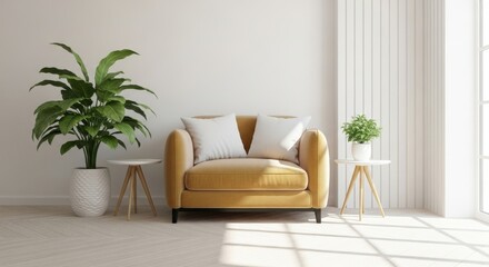 Cozy living room with yellow armchair, green plants, and natural light in a modern setting