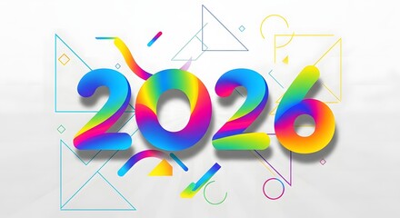 Colorful 2026 typography with gradient background, abstract geometric shapes, trendy design