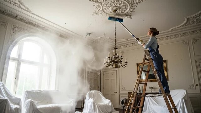 Housekeeper diligently cleaning cobwebs from high ceiling for spotless home