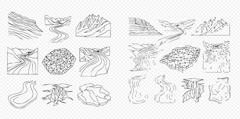 Collection of hand-drawn line art illustrations depicting various natural landscapes and geological formations like mountains, rivers, and rocks.