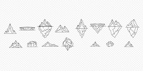 Collection of minimalist line art illustrations featuring various icebergs and mountains, some with visible underwater parts.