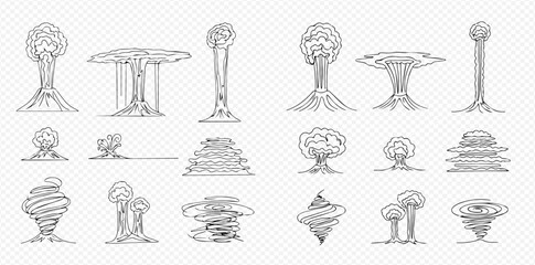 A collection of hand-drawn sketch illustrations depicting various abstract mushroom clouds, tornadoes, and natural disaster phenomena in line art style.