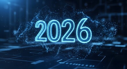 Futuristic 2026 hologram numbers, floating in digital space, glowing blue particles