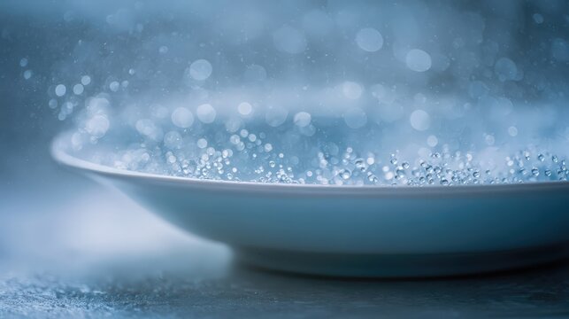 A close-up of a white plate with water splashes against a blurred blue background. The scene captures the dynamic movement of water droplets.