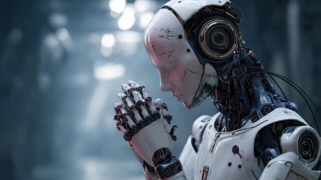 Humanoid AI robot engaged in deep thought while exploring the metaverse, set within a futuristic digital environment surrounded by soft glowing lights