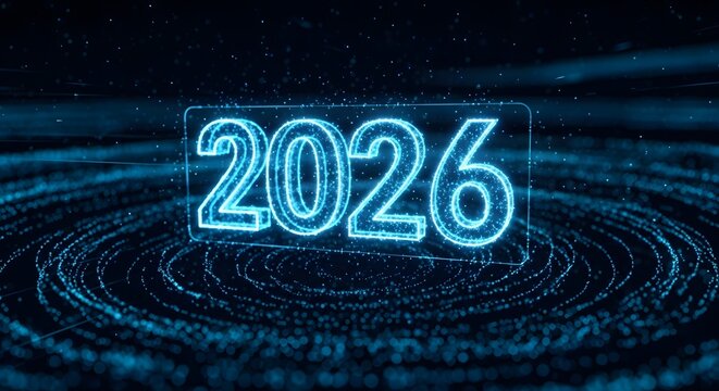 Futuristic 2026 hologram numbers, floating in digital space, glowing blue particles