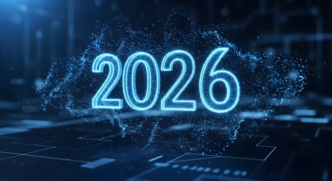 Futuristic 2026 hologram numbers, floating in digital space, glowing blue particles