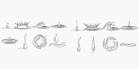 Line art illustrations of water splashes, drops, and waves showing various liquid effects and movements.