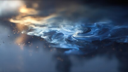 Fototapeta premium Abstract swirling blue and gold smoke on a dark background. The scene captures a fluid motion with soft gradients and light reflections.