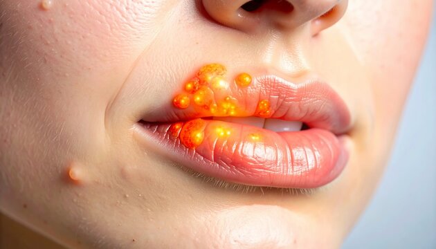 Herpes Simplex Virus HSV1 outbreak on lips with closeup view, and medical concept.