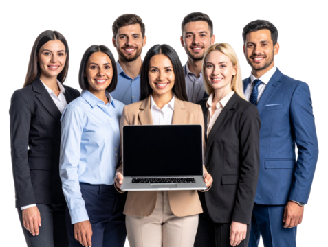  Smiling Business Team Standing Together Holding Laptop, Front View, Isolated on Transparent Background