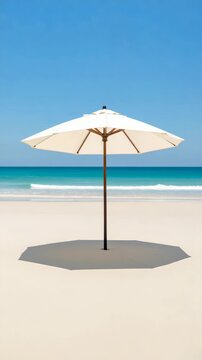 Solitary beach umbrella providing shade on white sand near the turquoise ocean waters under a vibrant blue sky on a sunny day.