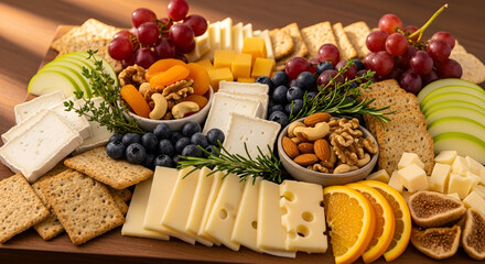 A charcuterie board featuring cheese, grapes, crackers, nuts, and other assorted appetizers