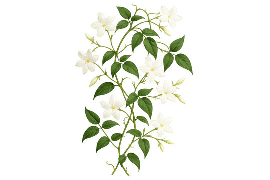 Jasmine vine plant with white flowers blooming, green leaves, and buds, botanical illustration on transparent background - Powered by Adobe
