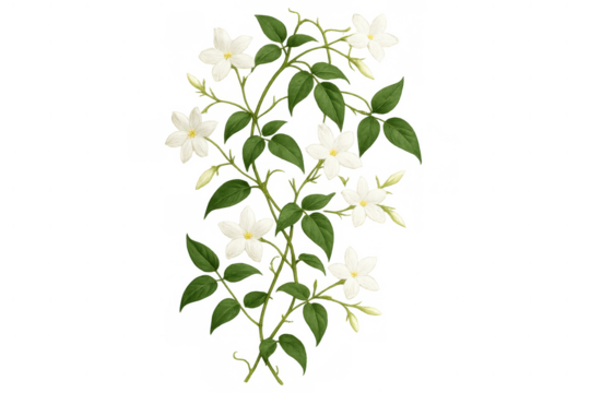 Jasmine vine plant with white flowers blooming, green leaves, and buds, botanical illustration on transparent background - Powered by Adobe