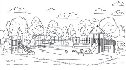 Obraz premium Outdoor playground with slides, climbing structures and balls under a cloudy sky for coloring page use