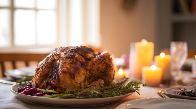 Thanksgiving turkey feast warmth comfort golden light evokes holiday celebration rustic dining table setting - Powered by Adobe