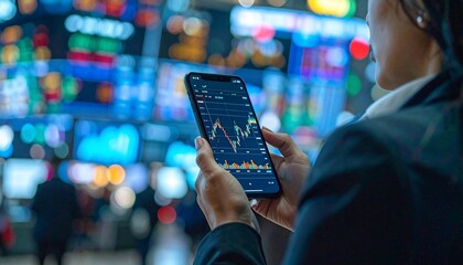 Investor Analyzing Stock Market Data on Smartphone with Financial Board Background.