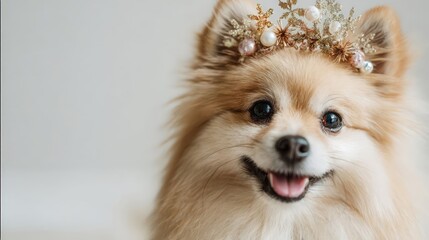 A small, fluffy Pomeranian dog with a light brown coat and a floral crown. The dog has a happy expression and bright eyes, set against a neutral background.