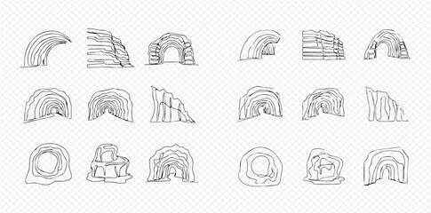 Set of hand-drawn line art illustrations depicting various natural rock formations, caves, and tunnels with different shapes and openings.