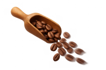 Coffee beans pouring from a wooden scoop, creating a dynamic visual of fresh roasted ingredients for a delicious drink