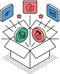 Isometric illustration: open box with abstract application icons, symbols, and conceptual elements emerging, symbolizing new service delivery or solutions.