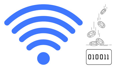 Large blue wireless icon with coins falling and binary number block. Ideal for technology, internet finance, data economy, cryptocurrency, networking, digital marketing, innovation. Simple flat