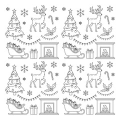 Festive Seamless Christmas Vector with Reindeer, Trees, Gifts, and Snowflakes