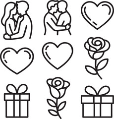 Line art icons of diverse couples kissing and hugging, hearts, roses, and gift boxes representing love, romance, relationships, and valentine's day celebration.