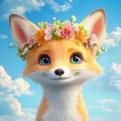 Fototapeta premium Cute cartoon fox with flower crown in a bright blue sky filled with fluffy clouds, playful expression, digital art, whimsical nature theme