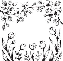 Elegant hand-drawn floral frame with blossoming branches and budding tulips, perfect for springtime invitations, borders, and decorative designs.