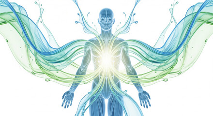 Human anatomy with glowing heart and flowing blue and green energy waves, symbolizing vitality