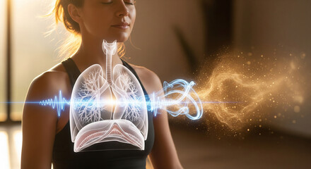 Young woman meditating with glowing lungs and airflow visualization, showing calm breathing