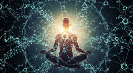 Meditation with glowing molecular network and DNA strands symbolizing mind and science