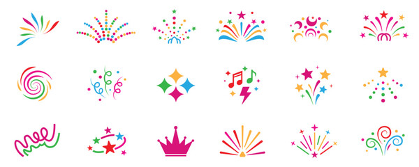 Colorful party and celebration icon set, fireworks confetti music crowns collection