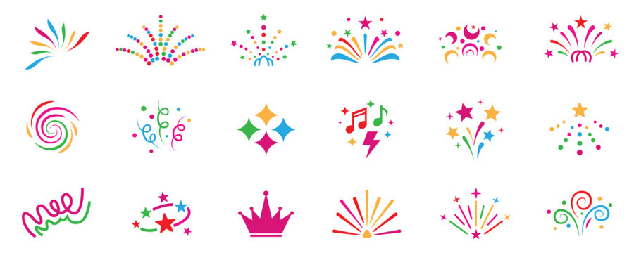 Colorful party and celebration icon set, fireworks confetti music crowns collection