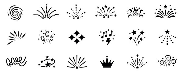 Minimalist celebration and party icon set, black monochrome festive elements